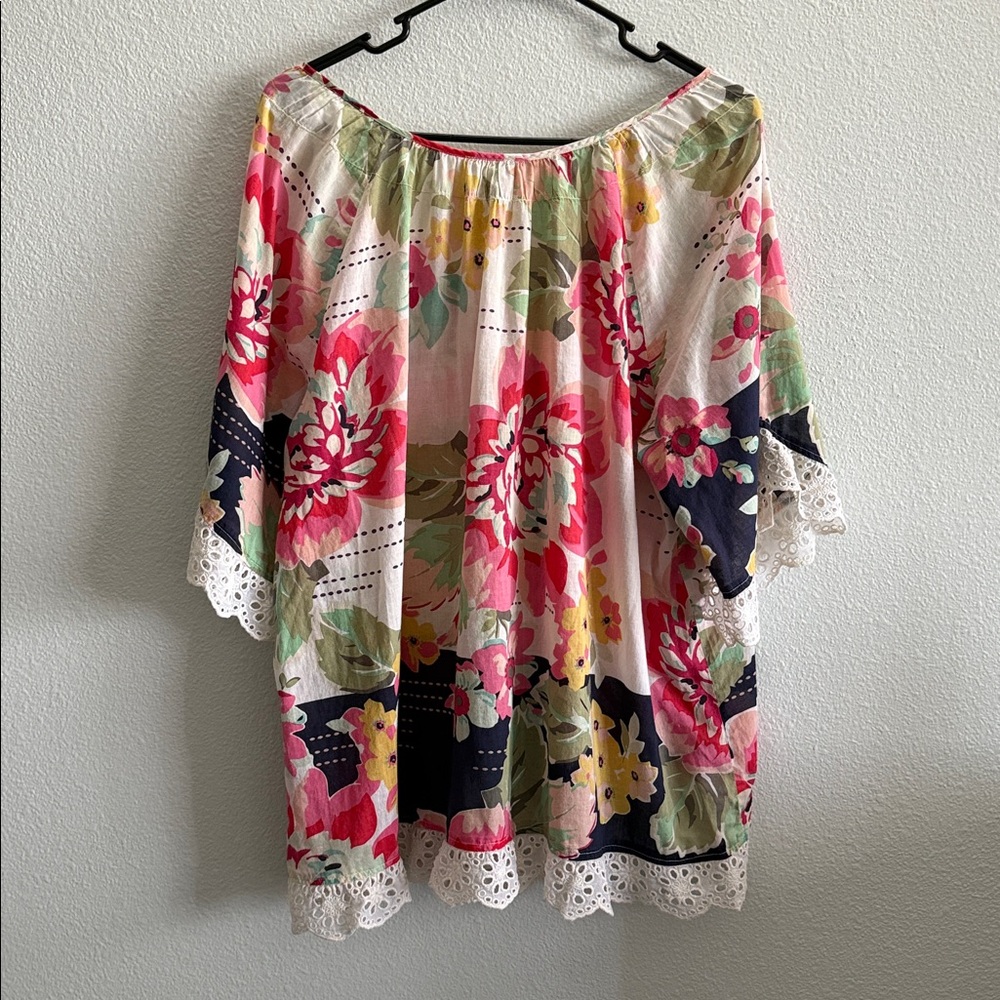 Johnny Was Floral Peasant Blouse in Pink, Yellow, Green, Navy, White - Picture 6 of 7